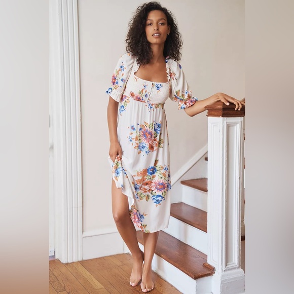 By Anthropologie Dress NWT Puff Sleeve Smocked MIDI Dress in White Floral Medium - Picture 3 of 16